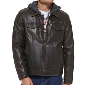 Levi's Faux-Leather Trucker with Jersey Hood & Fleece Lining Dark Brown Mens M